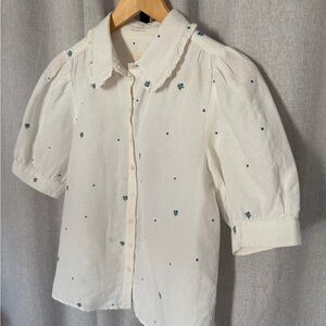 Sezane Ivory Button Up Blouse with Blue Floral Embroidery